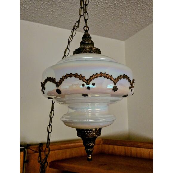 Falkenstein Opalescent Carnival Glass MCM Swag Lamp Free Domestic Shipping - Picture 4 of 6